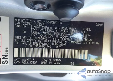 2008 Toyota 4Runner Sr5/Sport from USA, damaged, VIN JTEBU14R88K001940